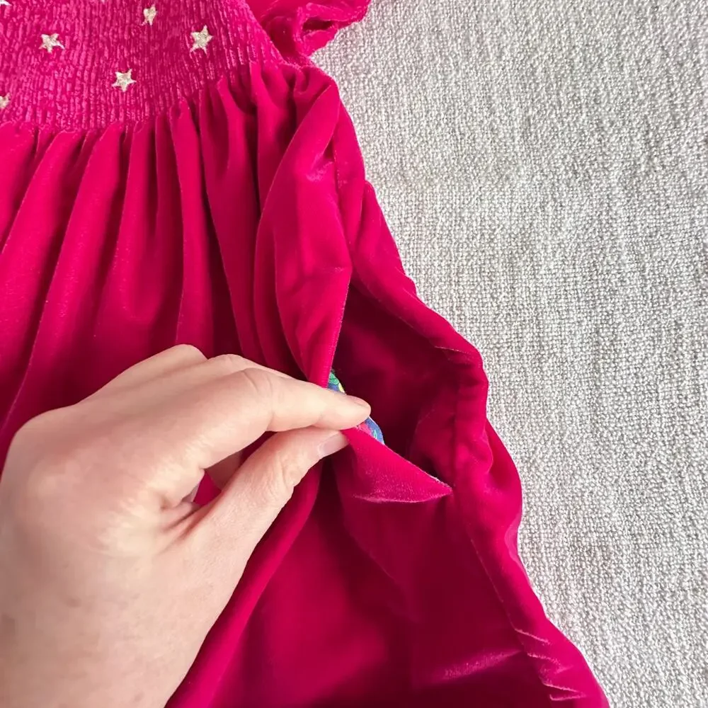 Mini Boden Fuchsia Velvet Star Embroidered Party Dress VGUC 2/3